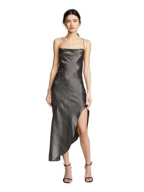 Haney Metallic Silk Slip Dress 4 Asymmetric Maxi Silver Cowl Neck USA Made